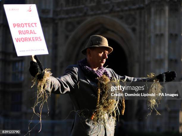 Agricultural Worker Dave Hide, from Horsham, dressed as a scarecrow as he takes part in a demonstration outside the Houses of Parliament, in...