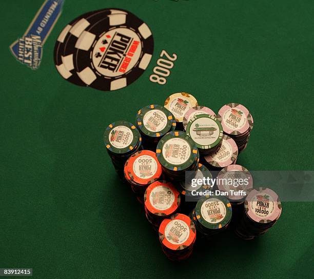 Finalists chip stacks at the World Series of Poker, Las Vegas, Nevada on November 9, 2008.