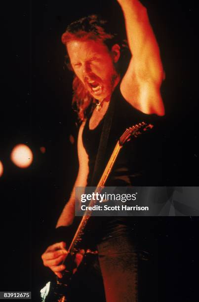 Singer and guitarist James Hetfield in concert with American heavy metal rock band Metallica, 30th July 1994.