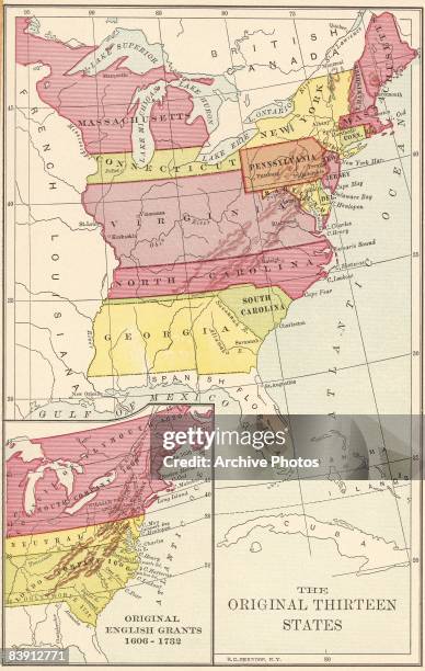 Map of 'The Original Thirteen States' with an inset showing the 'Original English Grants 1606 - 1732'.