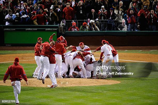 The Philadelphia Phillies celebrate after they won 4-3 against the Tampa Bay Rays during the continuation of game five of the 2008 MLB World Series...
