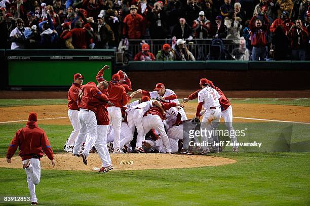 The Philadelphia Phillies celebrate after they won 4-3 against the Tampa Bay Rays during the continuation of game five of the 2008 MLB World Series...