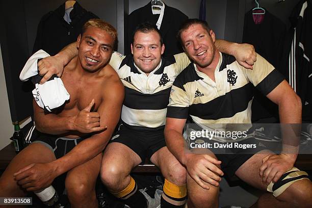 Jerry Collins, Mark Regan and Bakkies Botha of The Barbarians pose for the camera following the 1908 - 2008 London Olympic Centenary match between...