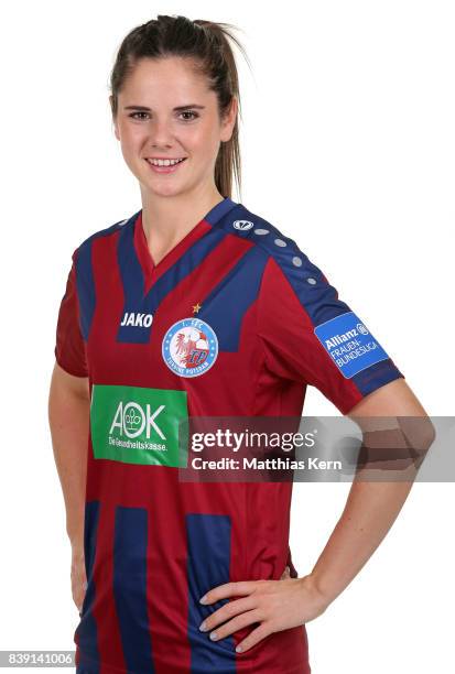 Sarah Zadrazil of Turbine Potsdam poses during the Allianz Frauen Bundesliga Club Tour at stadium Luftschiffhafen on August 24, 2017 in Potsdam,...