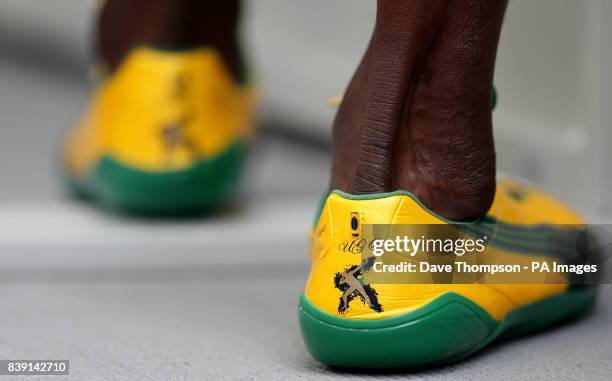 The running spikes of Jamaica's Usain Bolt before he competes in the men's 200 metres heats during Day Seven of the IAAF World Athletics...