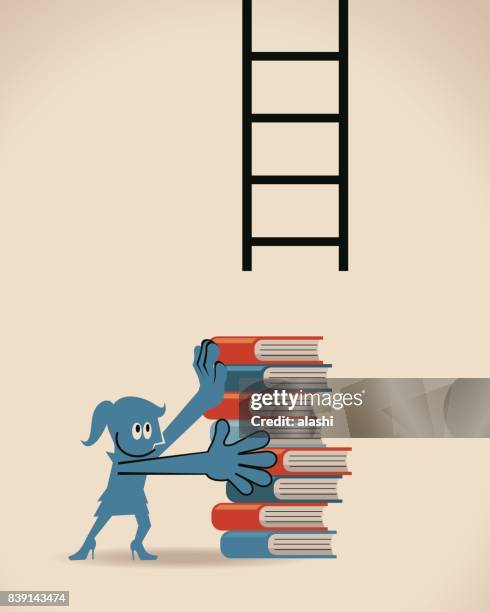 smiling businesswoman (woman, girl) is pushing a stack of books as steps to climb the ladder to success, knowledge is power - knowledge is power stock illustrations