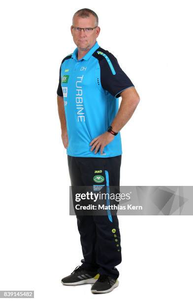 Assistant coach Dirk Heinrichs of Turbine Potsdam poses during the Allianz Frauen Bundesliga Club Tour at stadium Luftschiffhafen on August 24, 2017...