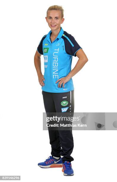 Physitherapist Jessica Viehweger of Turbine Potsdam poses during the Allianz Frauen Bundesliga Club Tour at stadium Luftschiffhafen on August 24,...