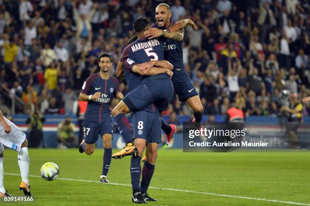 Layvin Kurzawa of Paris Saint-Germain congratulates Thiago Motta for his goal during the Ligue 1 match between Paris Saint-Germain ans AS...