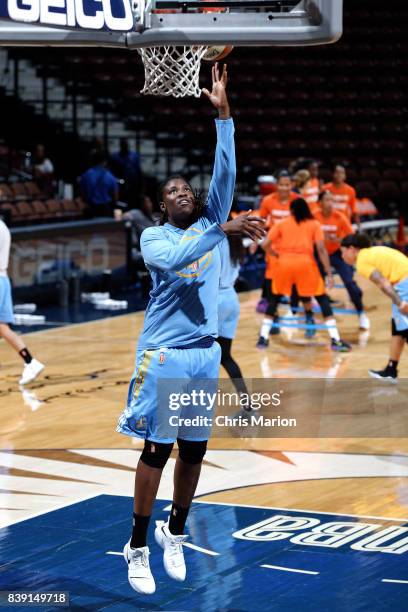 Amber Harris of the Chicago Sky warms up before the game against the Connecticut Sun during a WNBA game on August 25, 2017 at the Mohegan Sun Arena...