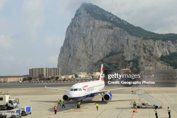 British airways plane International airport with the Rock in background, Gibraltar, southern Europe.