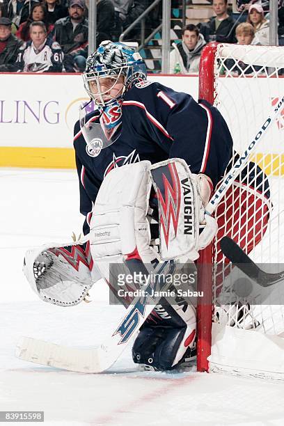 Goaltender Steve Mason of the Columbus Blue Jackets guards the net against the Vancouver Canucks on December 1, 2008 at Nationwide Arena in Columbus,...