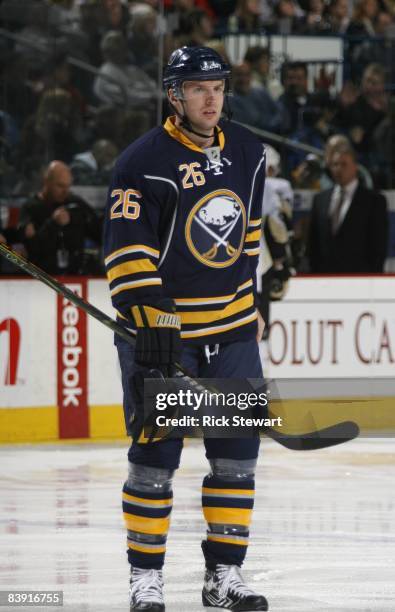 Thomas Vanek of the Buffalo Sabres looks on during a break in NHL game action against the Pittsburgh Penguins on November 28, 2008 at HSBC Arena in...