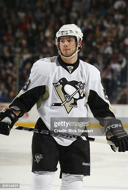 Kristopher Letang of the Pittsburgh Penguins looks on during a break in NHL game action against the Buffalo Sabres on November 28, 2008 at HSBC Arena...