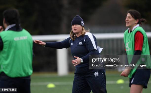 Scotland's Head Coach Karen Findlay instructs her team during a training session at Murrayfield, Edinburgh.