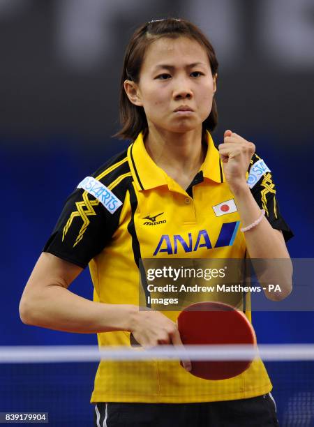 Japan's Sayaka Hirano celebrates winning a point against Korea's Min Gyung Kim during their Women's Singles first round match during the Pro Tour...