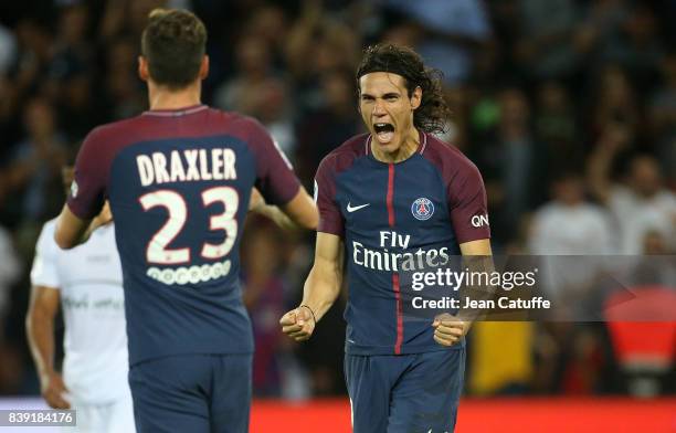 Edinson Cavani of PSG celebrates his second goal with Julian Draxler during the French Ligue 1 match between Paris Saint Germain and AS Saint-Etienne...