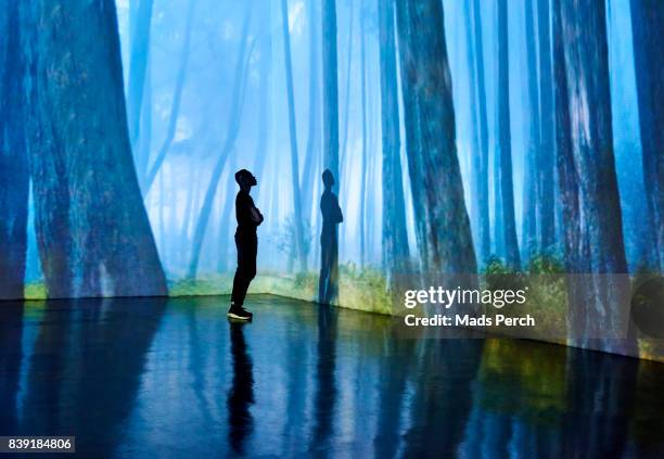young man staring at forest landscape being projected onto the walls - projection mapping stock-fotos und bilder