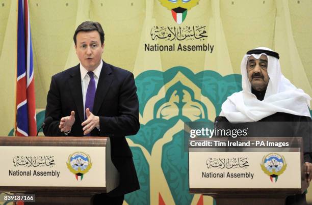 Prime minister David Cameron alongside Speaker Jassem Al-Kharafi delivers a speech in the Kuwait National Assembly.