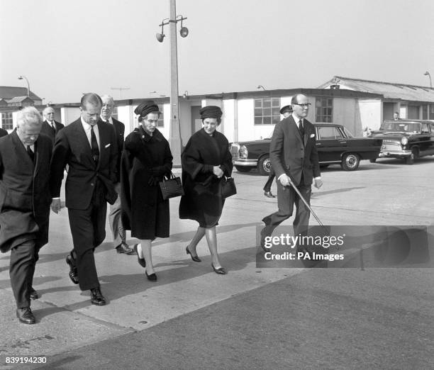 Left to right, the Duke of Edinburgh, Princess Olga of Yugoslavia, and the latter's sister Princess Marina, Duchess of Kent, at Heathrow Airport...