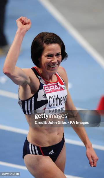 Great Britain's Helen Clitheroe of Great Britain celebrates winning the 3000metres Womens Event during day three of the European Indoor Athletics at...