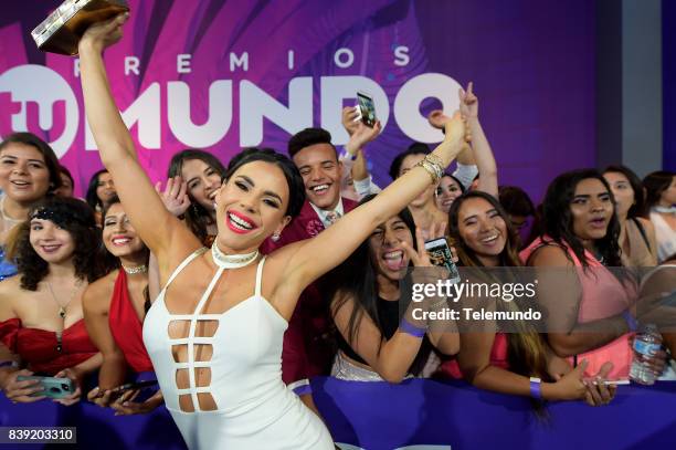 Blue Carpet" -- Pictured: Carolina Gaitan arrives to the 2017 Premios Tu Mundo at the American Airlines Arena in Miami, Florida on August 24, 2017 --