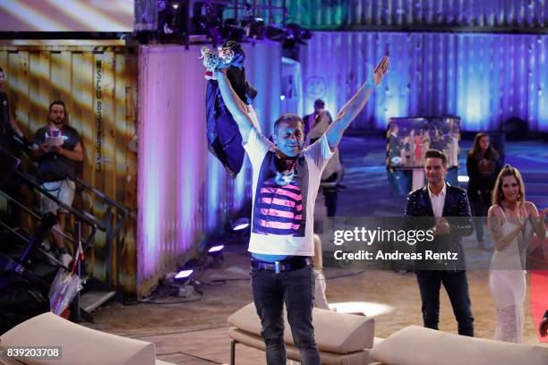 Willi Herren gestures during the finals of 'Promi Big Brother 2017' at MMC Studio on August 25, 2017 in Cologne, Germany.