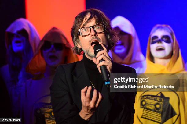 Jarvis Cocker sings at The Rites of Mu as The Justified Ancients of Mu Mu Present 'Welcome To The Dark Ages' on August 25, 2017 in Liverpool, England.