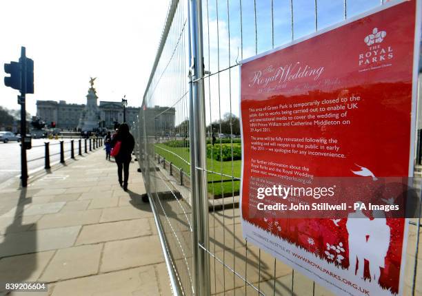 Sign attached to the perimeter of the large temporary Media stands being built in Queen Victoria Memorial Gardens, which are opposite Buckingham...