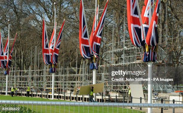 Section of the large temporary media stands being built in Queen Victoria Memorial Gardens, which are opposite Buckingham Palace, for the World's...