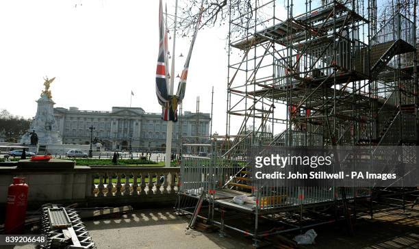 Section of the large temporary media stands being built in Queen Victoria Memorial Gardens, which are opposite Buckingham Palace, for the World's...