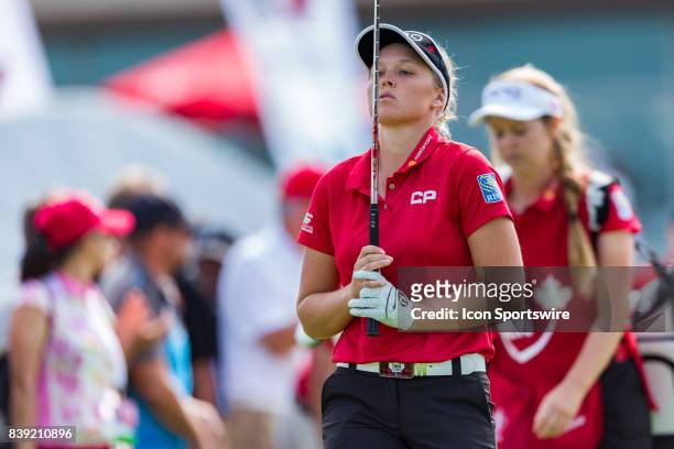 Brooke Henderson reacts with disappointment after her tee shot on the 15th hole during the second round of the Canadian Pacific Women's Open on...