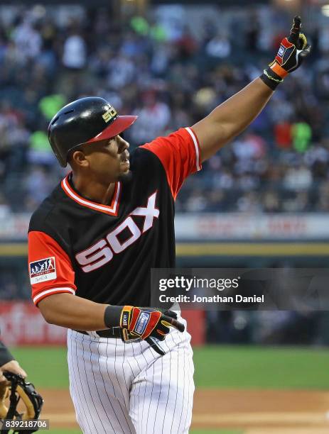 Jose Abreu of the Chicago White Sox celebrates his solo home run in the 1st inning against the Detroit Tigers at Guaranteed Rate Field on August 25,...