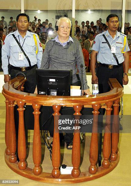 Former Khmer Rouge head of state Khieu Samphan attends the Extraodinary Chambers in the Court of Cambodia in Phnom Penh on December 4, 2008. Khieu...