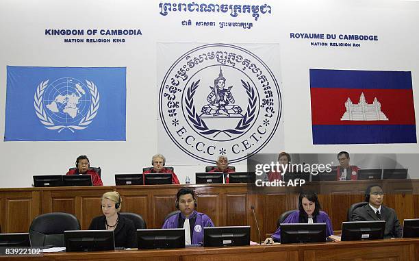 Panel of judges attends the hearing of former Khmer Rouge head of state Khieu Samphan at the Extraodinary Chambers in the Court of Cambodia in Phnom...