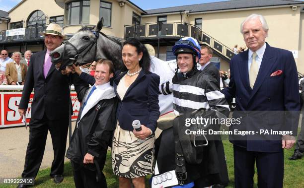 Winning connections, Owner Lady O'Reilly and her husband Sir Anthony O'Reilly, Trainer, Dermot Weld, stable boy, Davy Glennon and jockey, Pat Smullen...