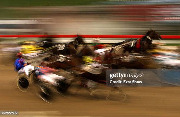 Drivers and horses compete in race four of harness racing at Harold Park on December 5, 2008 in Sydney, Australia. Harold Park opened in 1902, and in...