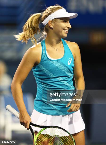 Daria Gavrilova of Australia celebrates during her match against Agnieszka Radwanska of Poland during Day 7 of the Connecticut Open at Connecticut...