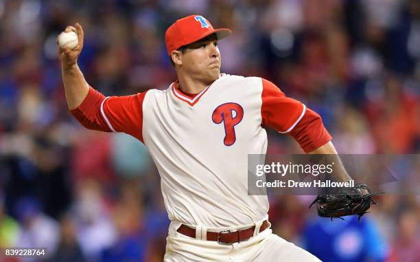 Starting pitcher Jerad Eickhoff of the Philadelphia Phillies delivers a pitch in the third inning against the Chicago Cubs at Citizens Bank Park on...