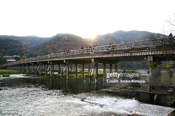 Togetsukyo Bridge is seen along Katsura River in Arashiyama area Kyoto on December 4, 2008 in Kyoto, Japan.