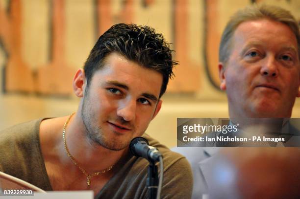British and European Light-heavyweight champion Nathan Cleverly addresses a London news conference with Frank Warren promoting a night of world...