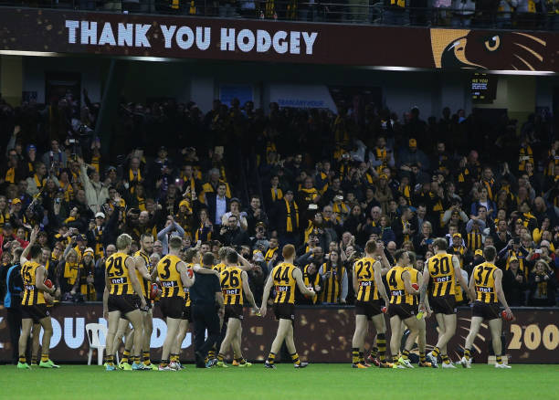 Luke Hodge of the Hawks celebrates the win with fans after his retirement match during round 23 AFL match between the Hawthorn Hawks and the Western...