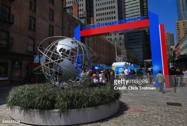 Mock unisphere is seen at the entrance to the US Open Experience prior to the start of the 2017 US Open at the South Street Seaport on August 24,...