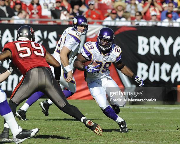 Running back Chester Taylor of the Minnesota Vikings rushes upfield against the Tampa Bay Buccaneers at Raymond James Stadium on November 16, 2008 in...