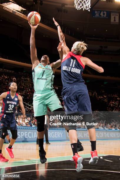 Kia Vaughn of the New York Liberty shoots a lay up during the game against the Washington Mystics in a WNBA game on August 25, 2017 at Madison Square...