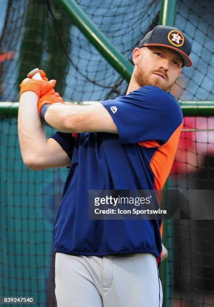 Houston Astros left fielder Derek Fisher on the field during batting practice before a game against the Los Angeles Angels of Anaheim, on August 25...
