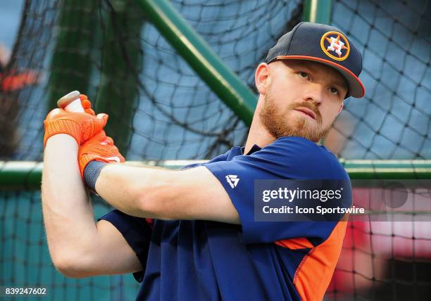 Houston Astros left fielder Derek Fisher on the field during batting practice before a game against the Los Angeles Angels of Anaheim, on August 25...