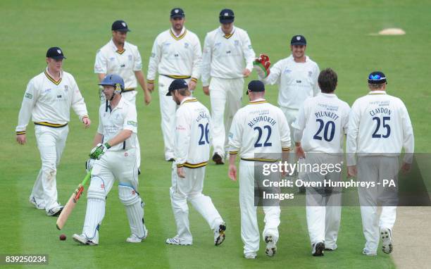 Yorkshire's Richard Pyrah walks off dejected after being bowled by Durham's Liam Plunkett during the LV County Championship, Division One match at...