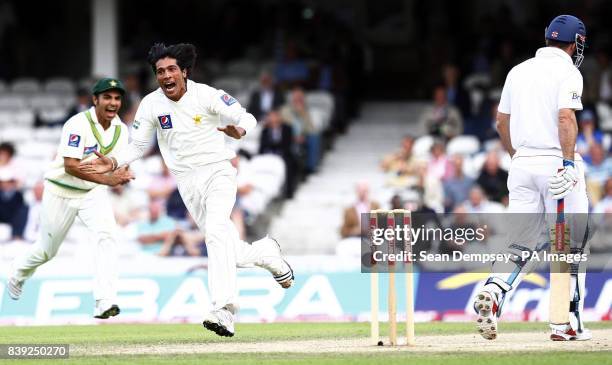 Pakistan's Mohammad Aamer celebrates bowling Andrew Strauss during the third npower Test at The Brit Insurance Oval, London.