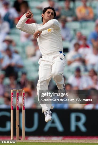 Pakistan's Saeed Ajmal bowls during the third npower Test at The Brit Insurance Oval, London.